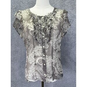 Johnny Was 4 Love & Liberty Womens Silk Top Paisley Short Slv Ruffle Button S